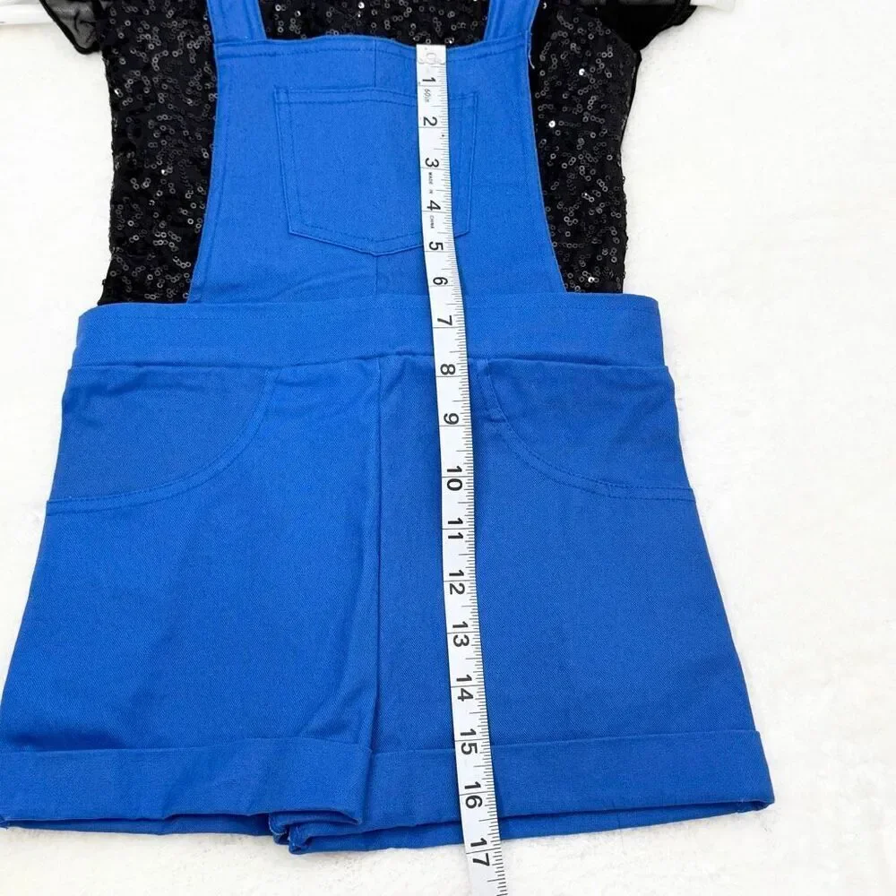 Weissman Dance Wear Sequin Short Sleeve Top and Cotton Bright Blue Shortalls Set